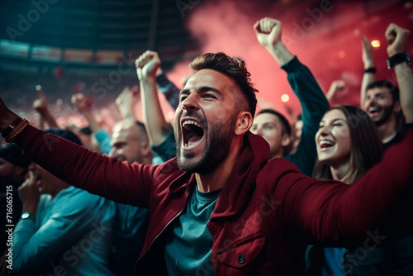 Fototapeta Sports fans celebrating excitedly in the stands of a stadium, night game, colored smoke flares. Generative AI