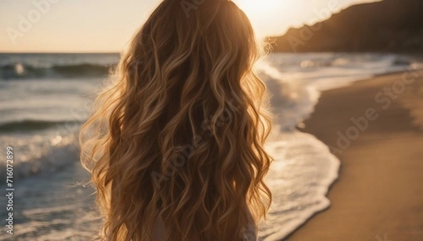 Fototapeta Beach Waves, long, tousled beach waves cascading over the shoulders, captured in a sunlit