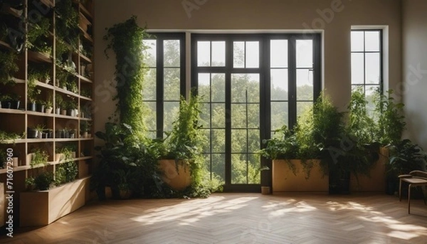 Obraz Botanical Nook, a room with light herringbone floors and a living wall of greenery, the natural 