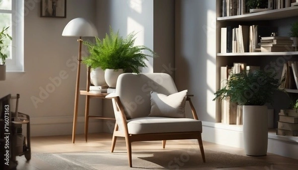 Fototapeta Cozy Reading Nook, a corner with a comfortable modern chair and a small bookshelf
