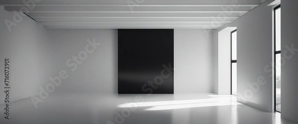 Fototapeta Monochrome Elegance_ A matte black wall featuring a sleek, narrow window, allowing a ray of light