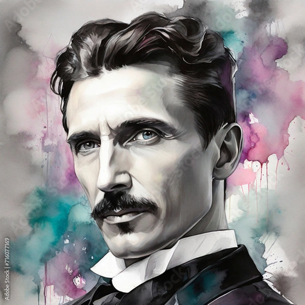 Fototapeta dynamic portrait of inventor and electrical engineering Nikola Tesla, watercolor style