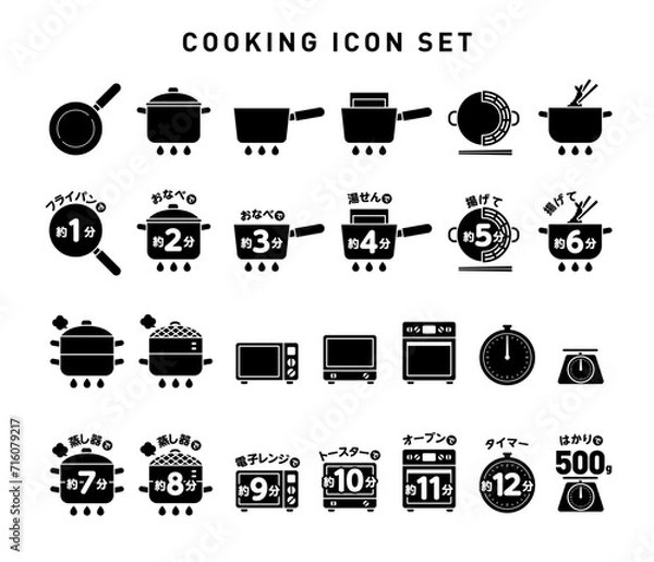 Obraz モノクロのベクター調理アイコンセット：調理方法と時間