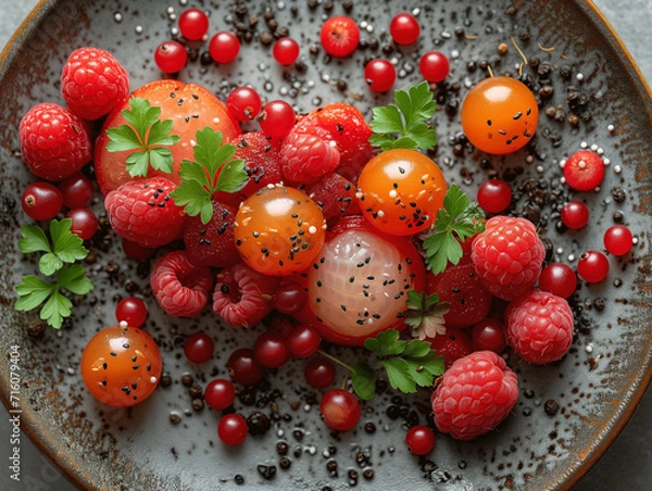 Fototapeta Artistic Composition of Fresh Tomatoes, Raspberries, and Herbs with Smiling Faces