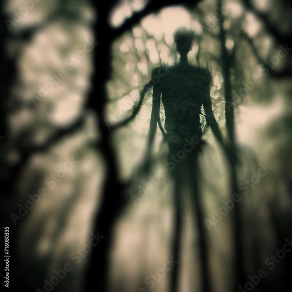 Fototapeta Scary or distorted photograph taken in the forest of the Slenderman.