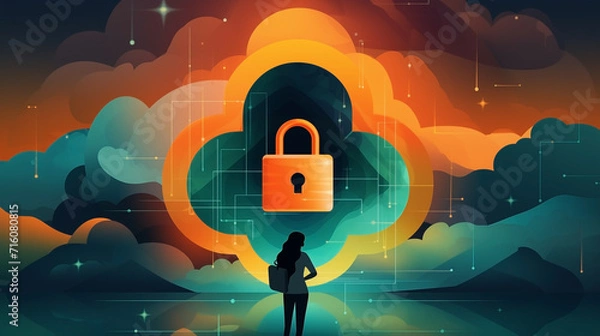 Obraz A person holds a lock symbol in front of an abstract cloud, encryption, in the style of dark teal and light orange, technological design.