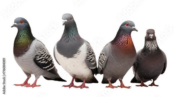 Fototapeta Three pigeons standing in a row on a ledge, with one facing left, one facing forward, and one facing right.