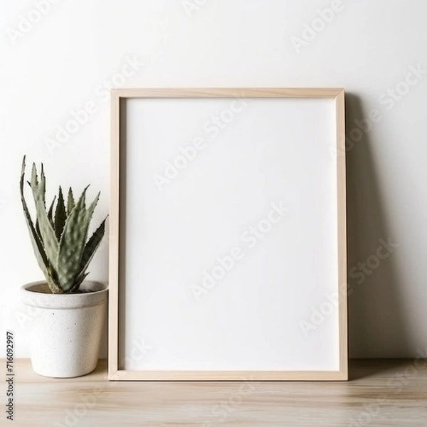 Fototapeta Minimalist frame mockup resting on a wooden table, next to a lovely plant, isolated white wall with sunlight at  background...