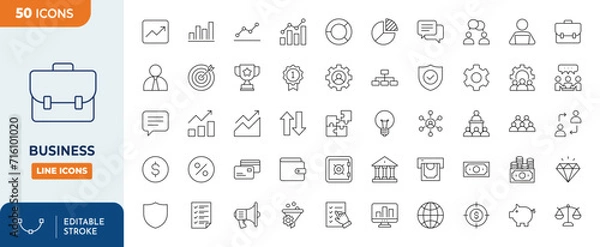 Obraz Business Icons set. Contains icons related of business : economic, graph, management, document, business, analysis, tools, and more. Editable stroke. Vector illustration