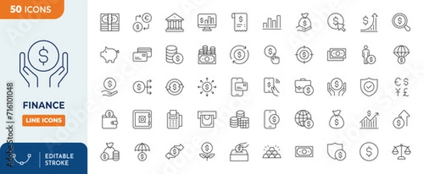 Fototapeta Finance icons set. Contains icons related of money and finance operations: money,currency exchange, savings, operations with bank cards. Outline Icon Collection. Vector illustration. Editable stroke	