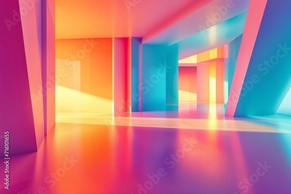 Fototapeta Colorful interior design with brightly lit corners set against an abstract architectural background