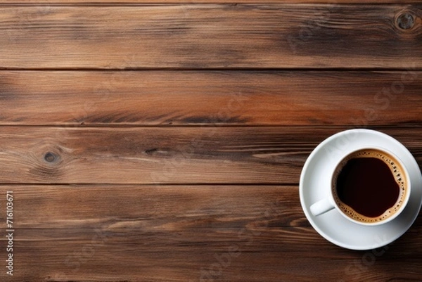 Fototapeta Top view of a coffee cup on a wooden table