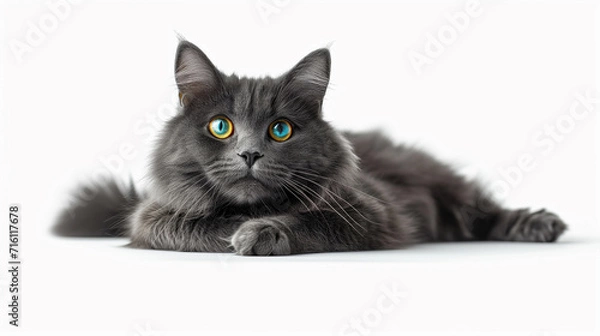 Fototapeta Beautiful gray cat resting on a white background