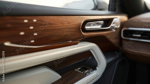 Fototapeta A detailed shot of the wood trim on the door handles showcasing the attention to detail in every aspect of the interior