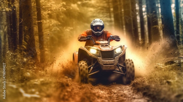 Fototapeta ATV speeding through forest.