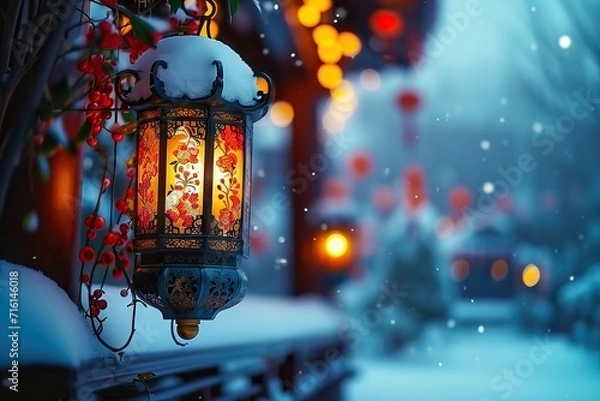 Fototapeta Enchanting Winter Night Illuminated Vintage Lantern Amidst Snow, Casting a Warm Glow, with Blurred Lights in the Background