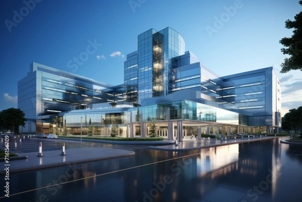 Fototapeta Urban Medical Center with Reflective Glass, on an isolated Slate Gray background, Generative AI