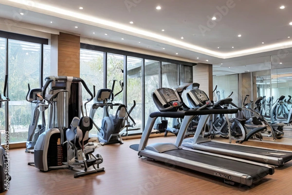 Fototapeta Step into fitness excellence at a well-equipped gym, offering a clean and modern environment with state-of-the-art equipment for a transformative workout experience.