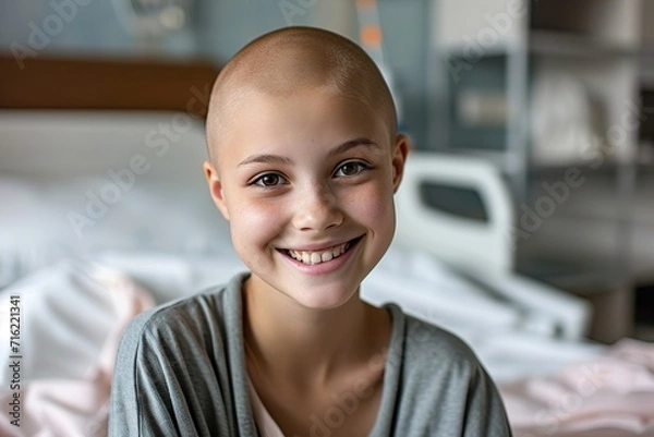 Fototapeta Solitude Amidst Complexity. A cancer Bald Individual in a Patterned Hospital Gown Reflects on Their Health Journey, Illuminated by Natural Light