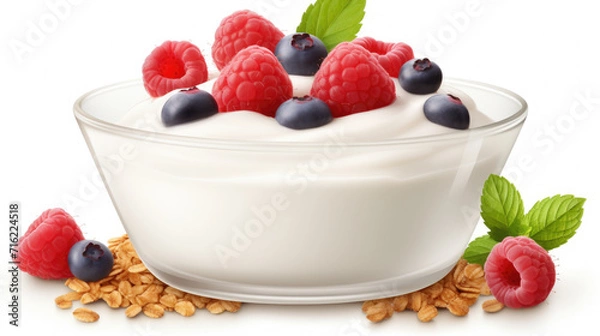 Fototapeta Delicious bowl of yogurt topped with fresh raspberries and blueberries. Perfect for healthy breakfast or snack