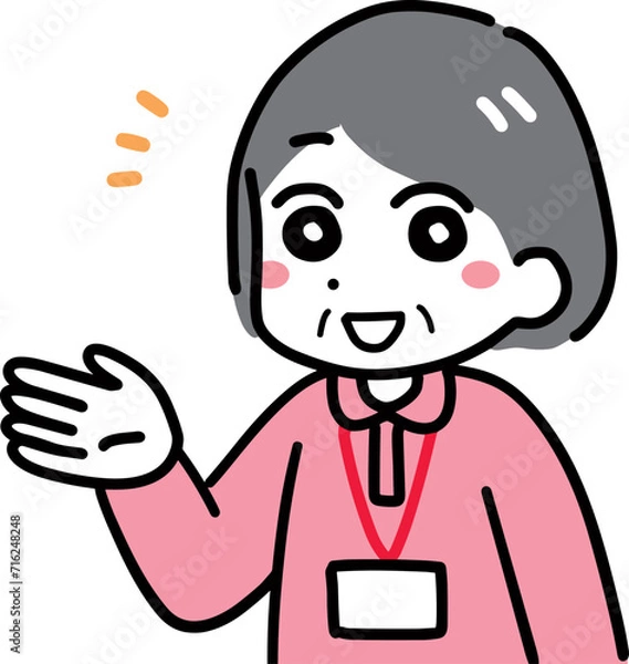 Fototapeta 片手をあげて笑顔で案内する介護スタッフのシニア女性(上半身・ポロシャツ)