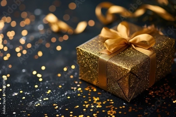 Fototapeta Golden gift box with a shimmering ribbon, set amidst confetti on a dark background, Ai Generated.