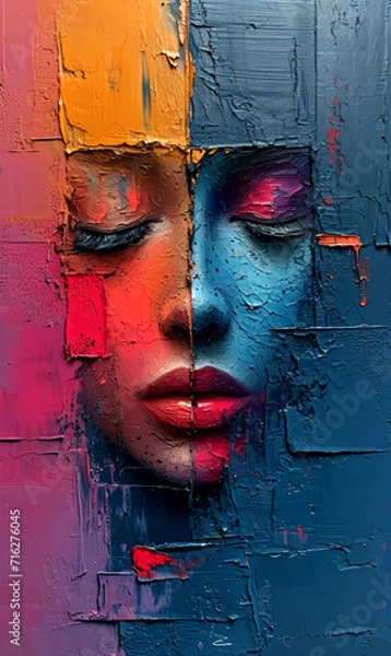 Fototapeta Abstract portrait of a beautiful young woman with creative make-up. Contemporary art collage.