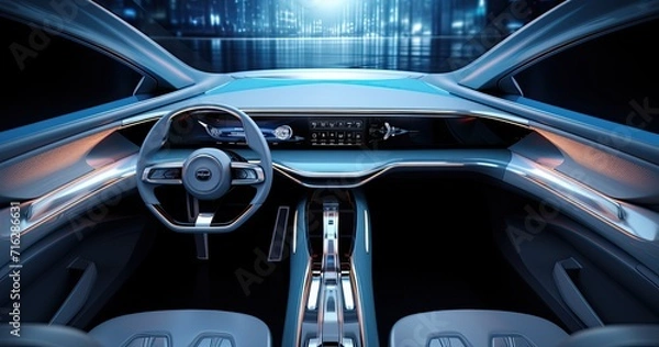 Fototapeta The cockpit of a futuristic autonomous car, showcasing advanced technology and sleek design.