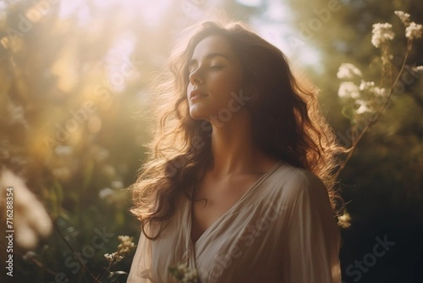 Fototapeta Nature's embrace: Woman basks in the moment, adorned with light leaks—an enchanting fusion of serenity and radiance.