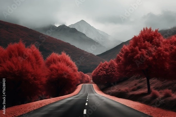 Fototapeta Scenic road, flanked by vibrant red trees, leads towards majestic mountains—an autumn journey in nature's embrace.