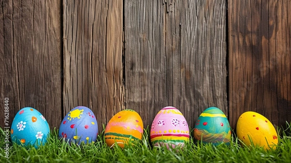 Obraz Easter painted eggs on grass wooden fence background