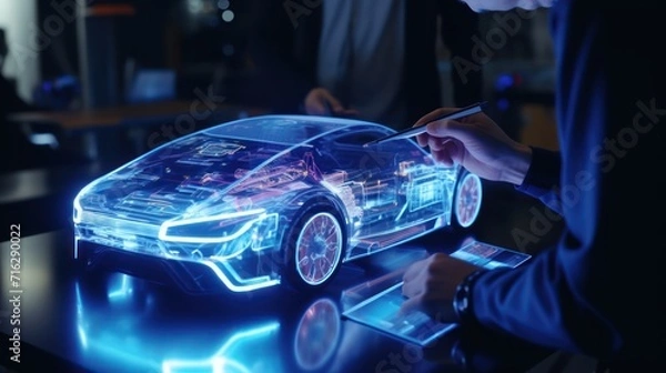 Fototapeta Car design engineers using holographic. Develop modern innovative high-tech cutting edge eco-friendly electric car with sustainable standard, automotive, automobile, transportation.