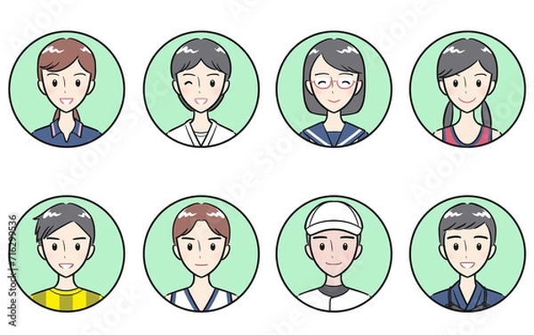 Fototapeta 部活動・クラブ活動のユニフォームを着た中学生・高校生の男女　丸いアイコンセット　グリーン