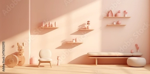 Fototapeta A pink room with a wooden bunny toy, white chair, and shelves with vases and plants. The room has a minimalist design with a bench and a pouf.