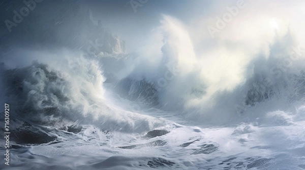Fototapeta Blizzard in Winter with Furious White Waves. Wild water waves on the ocean in winter.