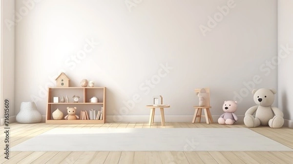 Fototapeta a children’s room with a wooden shelf, teddy bear, and other toys on a rug. The room has a minimalist design with a white wall and wooden floor.