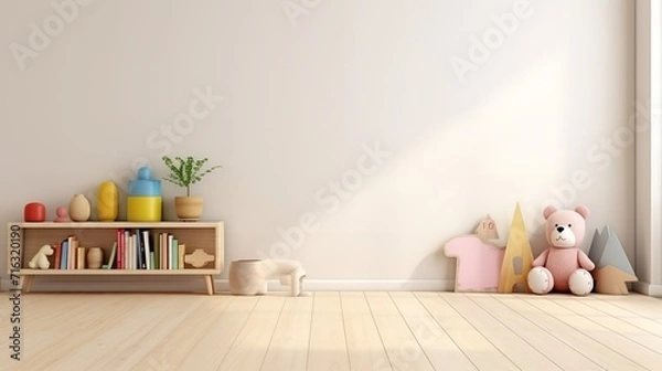 Fototapeta a child’s room with a wooden shelf, toys, and a pink teddy bear on a hardwood floor. The room is bright and airy with a large window and light-colored walls.