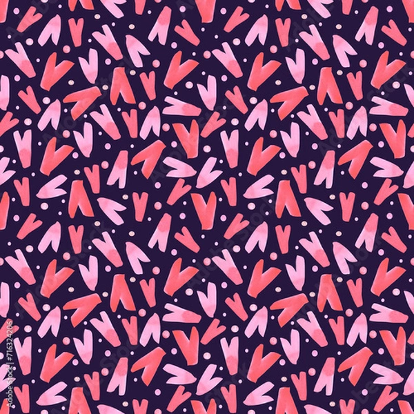 Fototapeta Hand drawn watercolor valentine seamless pattern with simple hearts isolated on dark background. Can be used for textile, fabric, wrapping paper and other printed products.