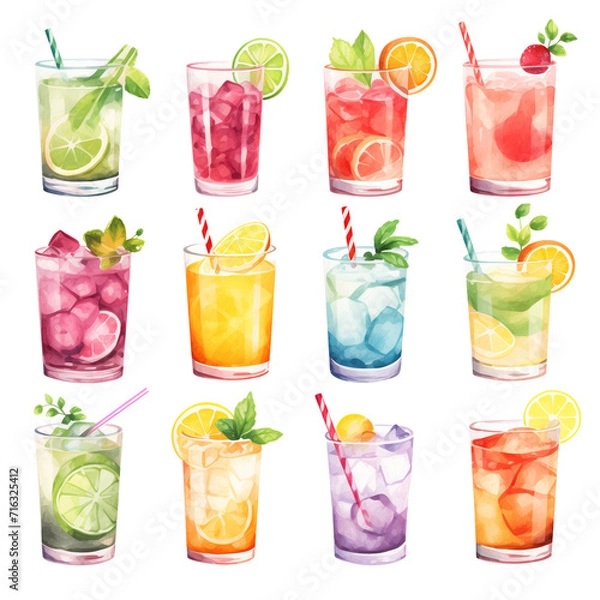 Fototapeta clipart bundle watercolor drink summer theme, on transparent background
