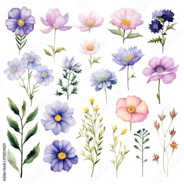 Fototapeta clipart bundle watercolor summer flora ,flower on summer theme, on transparent background 