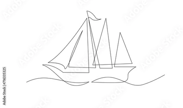 Fototapeta Single continuous line art sea boat icon. Yacht travel tourism concept silhouette symbol design. One sketch outline drawing vector illustration template