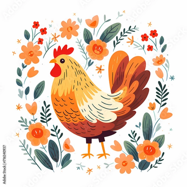 Obraz Rooster and flowers card