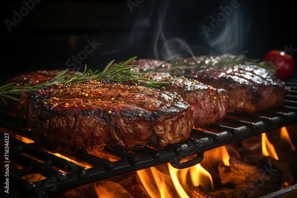 Fototapeta Delicious_Rib_-_eye_Steak_on_grill_isolated_white_backgr