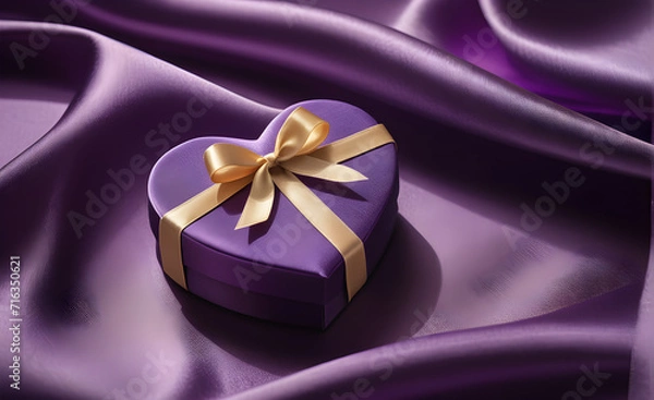 Fototapeta Heart-shaped gift box, nestled on a backdrop of smooth purple silk, Valentine's Day, Christmas. Generative AI