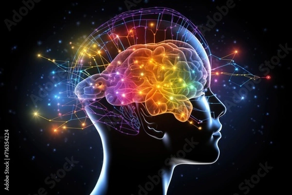 Obraz energy of fractal realms, colorful brain activity, neuron network activity, human medicine, Cognitive Functions, Emotional Intelligence, Memory, erve cells, neurosystem, synapses, brain system, neuro