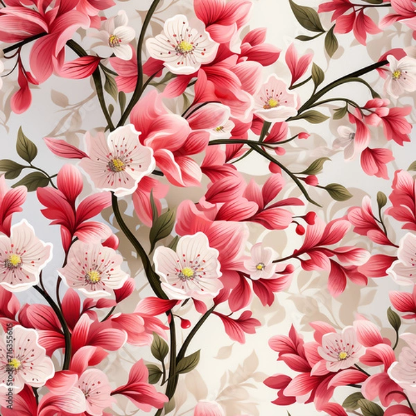Obraz Pink floral seamless pattern, with branches, leaves and vines.