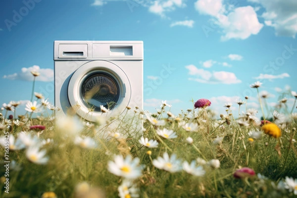 Obraz Spring freshness and the smell of washed laundry, a white washing machine in a meadow full of fresh spring flowers, laundry detergent and fabric softener.