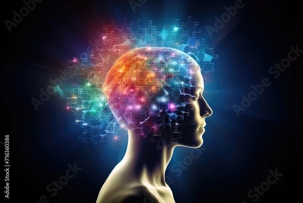 Fototapeta Brain puzzle, jigsaw, mind game receptor plasticity. Brainwave ballet orchestrates neurotransmission at nexus. Mental processes blossom, lush reflex. Blood brain barrier problem solving realms