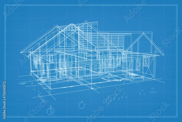 Fototapeta 3D render of building wireframe structure. Perspective wireframe of house exterior. Abstract construction graphic idea. Vector illustration.