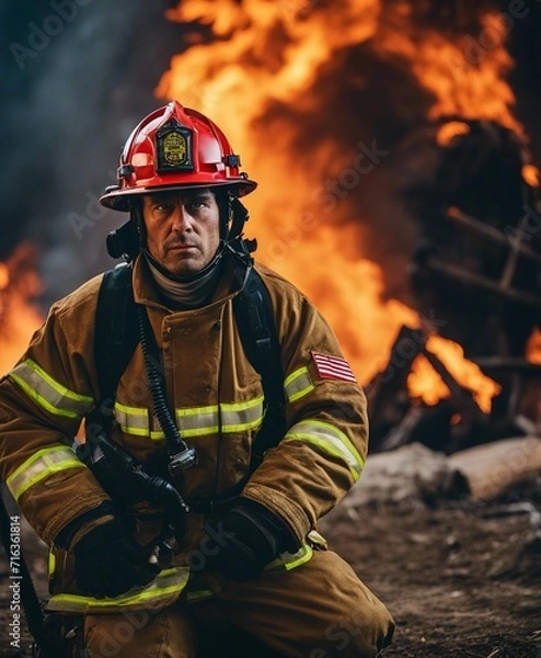 Fototapeta A helmeted firefighter looking exhausted in front of a fire
